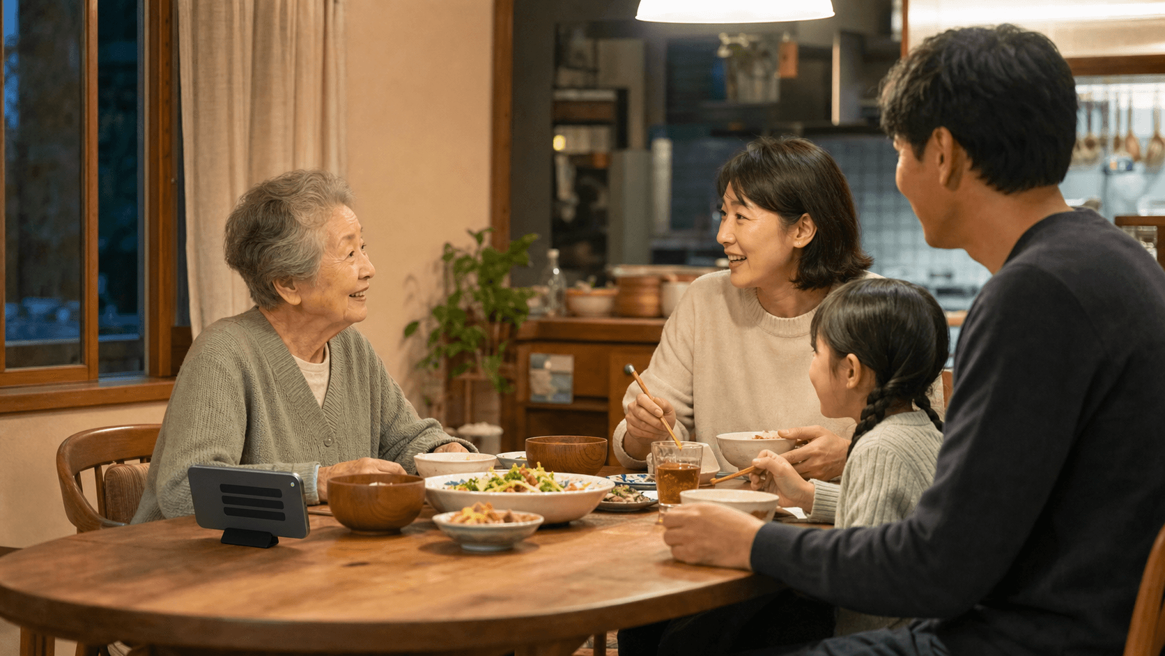 はなせるを置いた食卓で、家族みんなが会話する様子