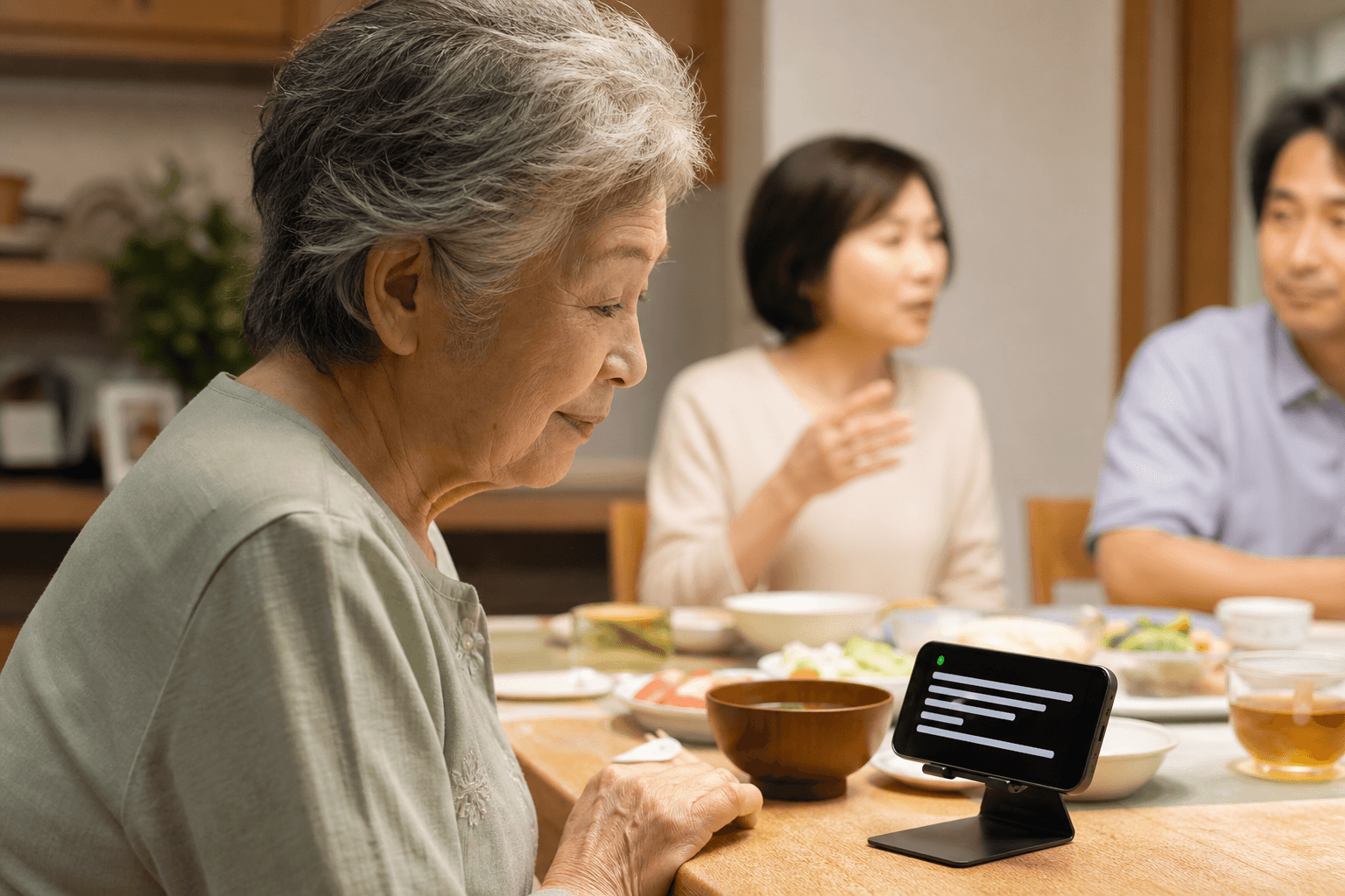 家族との会話中に、はなせるの字幕を短く確認する様子