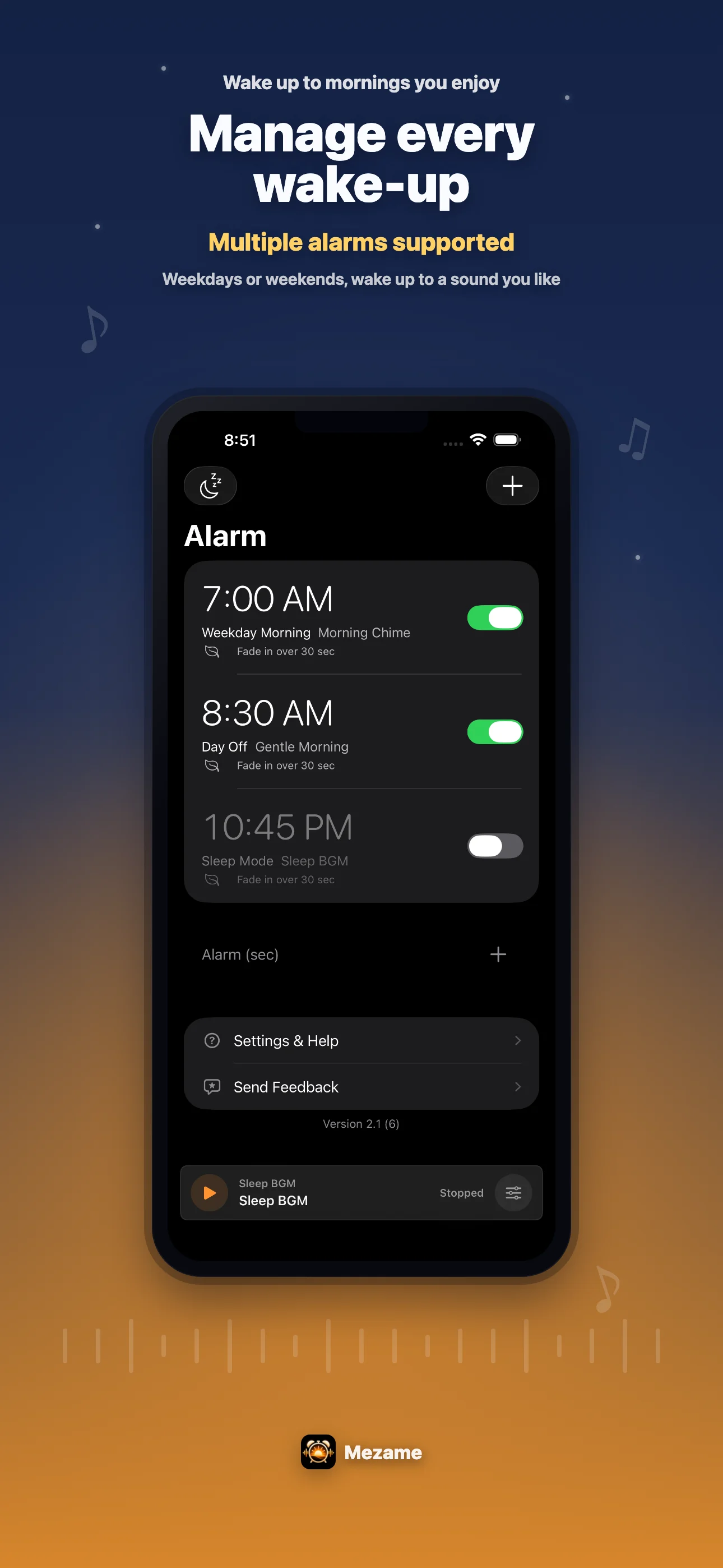 Mezame Alarm alarm management screen