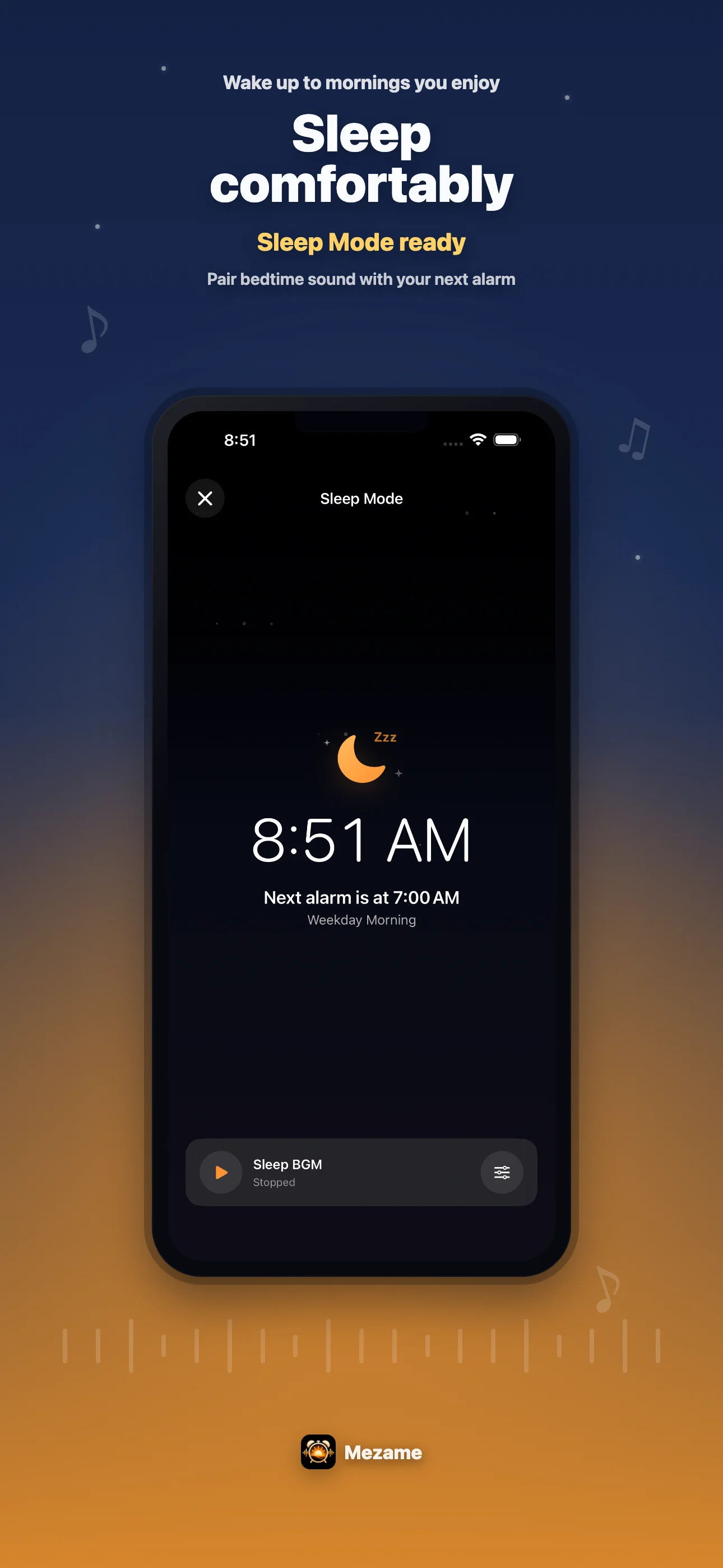 Mezame Alarm app screen