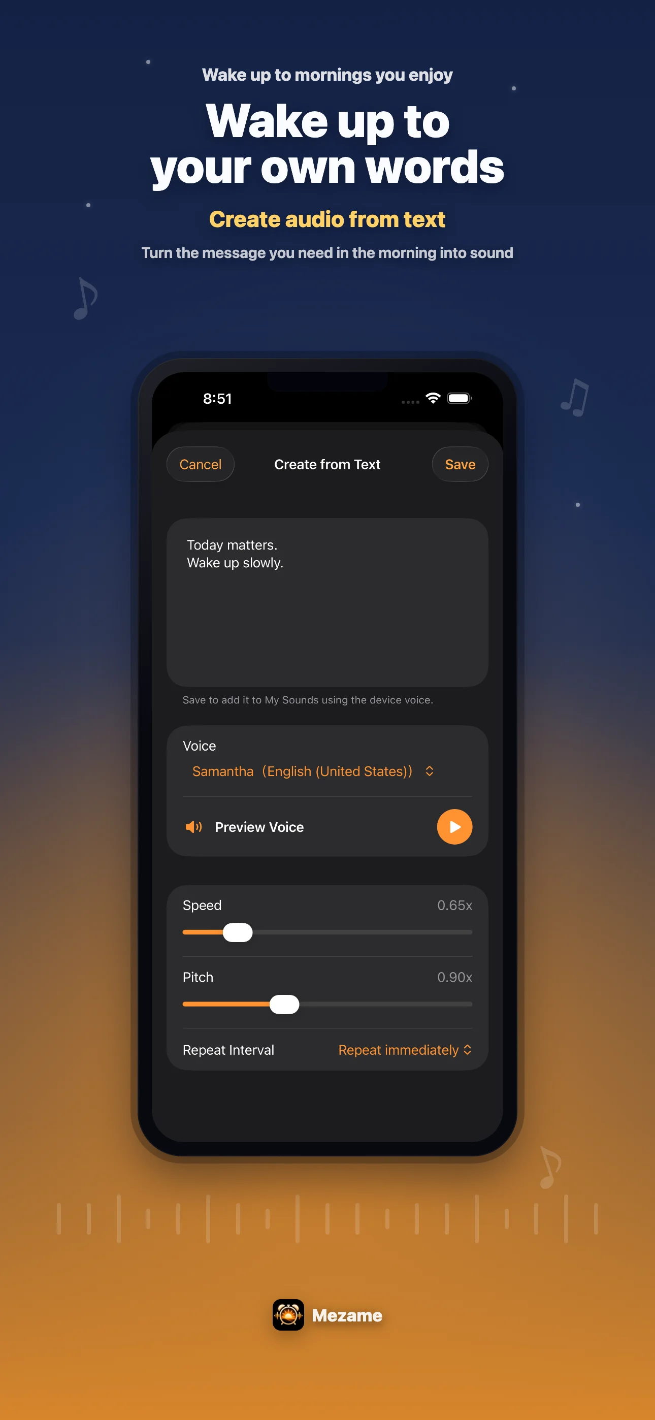 Mezame Alarm app screen