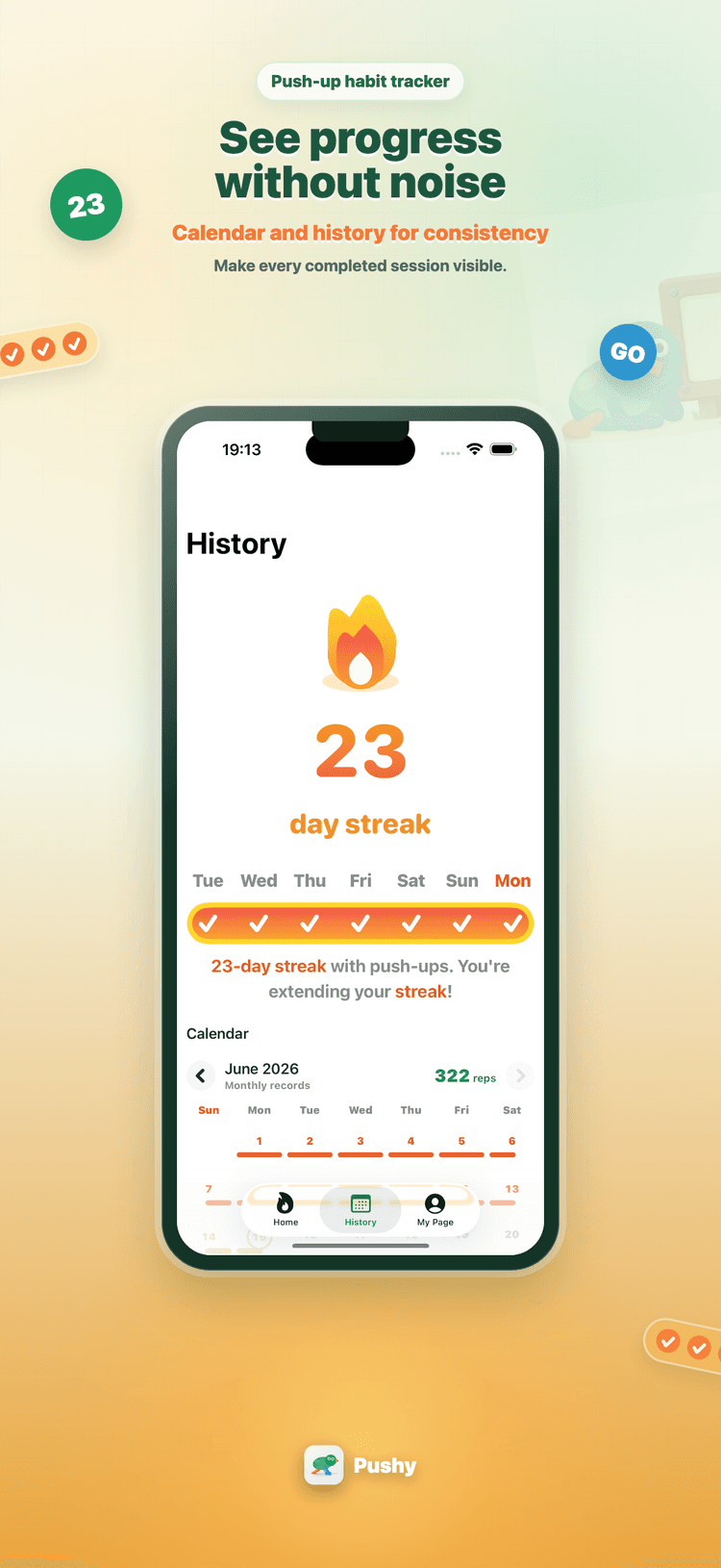 Pushy - Push-Up Habit history screen