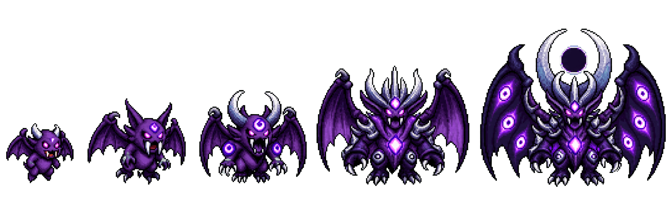 Killpo evolving from a small creature into powerful winged forms