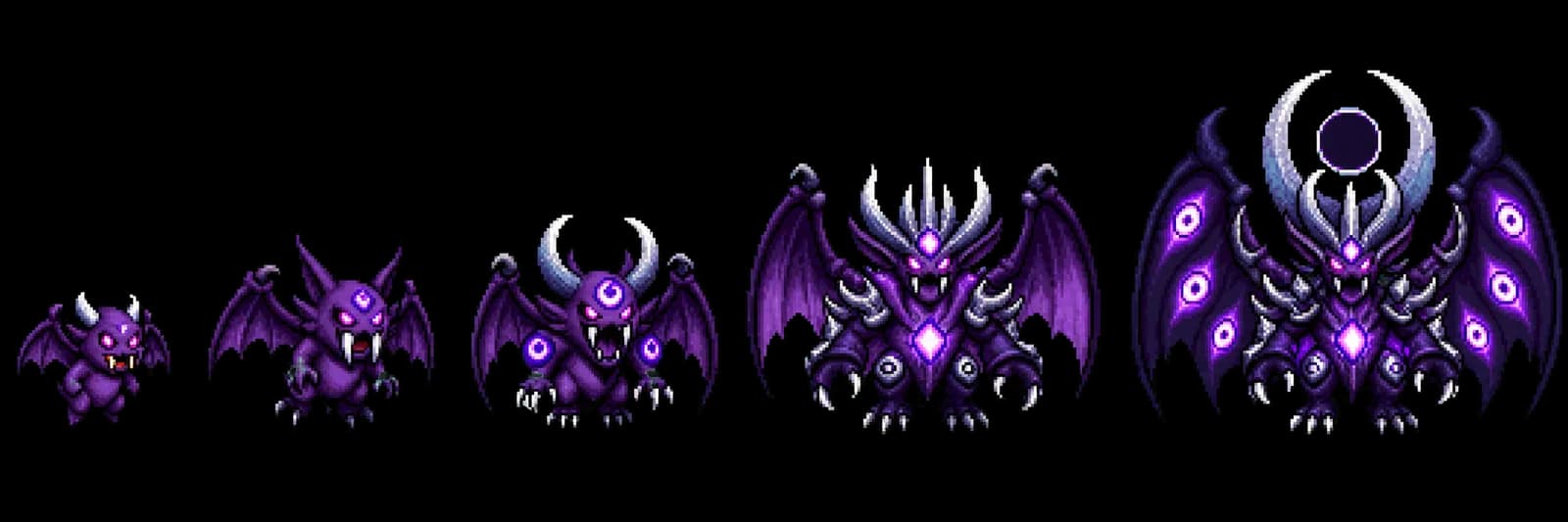Killpo evolving from a small creature into powerful winged forms