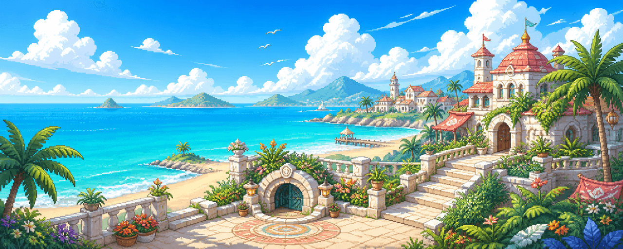 The pixel-art seaside town in VEIN